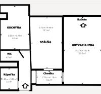 Floor plan of a 2-room apartment with a kitchen, living room, and balcony.