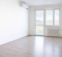 A bright space of a 2-room apartment with a wooden decor floor and air conditioning.