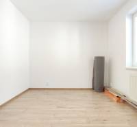 Empty room in a 2-room apartment with a wood-patterned floor and a radiator by the window.
