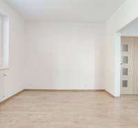 Living room in a two-room apartment with a wooden decor floor and a kitchenette.