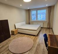 A bright room in a 2-room apartment with a bed and furniture, floor with wood decor.