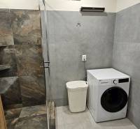 Bathroom with a shower and a washing machine in a 2-room apartment with tiled flooring.