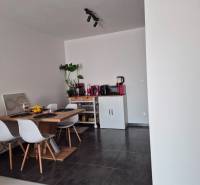 Dining area with a wooden table, four chairs, and a plant in a three-room apartment.