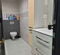 Bathroom in a 3-room apartment with a wall-hung toilet, sink, cabinet, and light tiles.