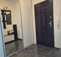 Entrance hall in a 3-room apartment with dark flooring and a built-in wardrobe.
