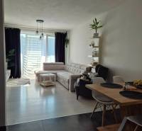 Interior of a 3-room apartment with a sofa, dining table, and wooden decor flooring.