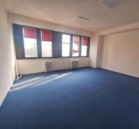 Office with a blue carpet and large windows, bright space.