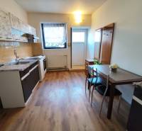 A kitchen in a studio apartment with a wood-patterned floor and a dining table.