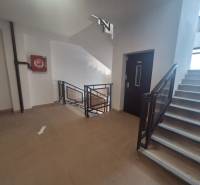 A corridor in commercial premises with a staircase and an elevator, tiled floor.