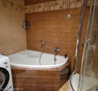 A bathroom in a 3-room apartment with a corner bathtub and a washing machine, tiles with a bamboo pattern.