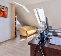 Offices with a sofa, a painting on the wall, and a floor with a wooden decor.