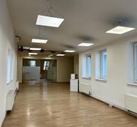 Offices with wood-patterned flooring, pendant lights, and glass doors.