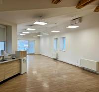 Offices with wood-patterned flooring and a kitchenette, ceiling lighting.