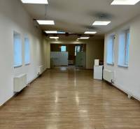 Interior of offices with wood-patterned flooring and hanging lights.