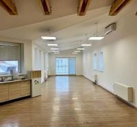 Offices with wood-patterned flooring, built-in lighting fixtures, and a kitchen unit.