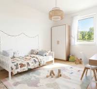 Children's room in a family house with a wooden decor floor and a decorative carpet.