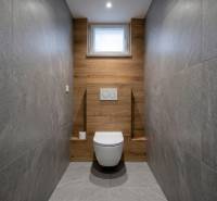 A toilet in a family house with wall tiles and flooring featuring a wood design.