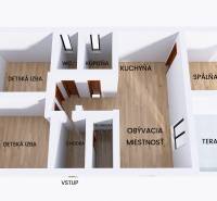 Floor plan of a family house with a terrace and flooring with a wooden decor.