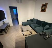 Living room in a two-room apartment with a wooden decor floor and a comfortable sofa.