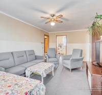 Living room in a 4-room apartment with a gray sofa, table, and ceiling fan.