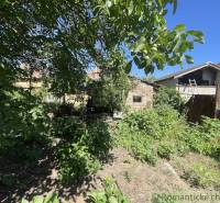 The garden at the family house in Tvrdošovce, surrounded by lush greenery and trees.