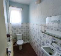 A bathroom in a family house with blue walls and tiles, a window with a curtain.