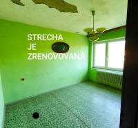 A room in a family house with peeling plaster and green walls.