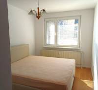 A bedroom in a 3-room apartment with a bed and a wooden decor floor.