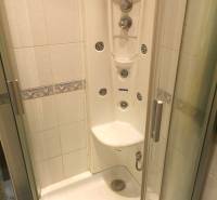 A shower cabin with hydromassage jets in a 2-room apartment.