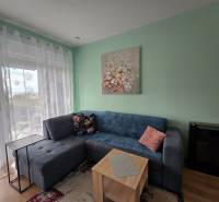 Living room of a holiday apartment with a sofa, table, decorations, and a window with a view.