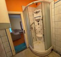 A bathroom with a hydromassage shower in a family house, visible living room with a sofa.