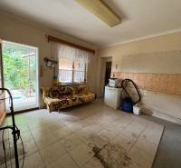 Interior of a family house with a sofa and direct access to the garden.