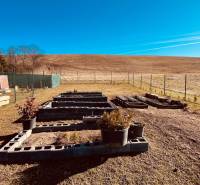The construction of houses in Prosačov shows a garden with flower pots and concrete blocks in Prosačov.