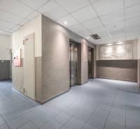 Lobby with elevators, blue floor, illuminated ceilings.