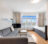 Living room with a sofa, curtain, and television, floor with wooden decor.