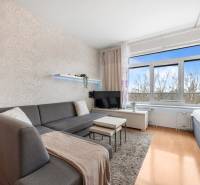 Living area of a studio apartment with a sofa, TV, light-colored walls, and a floor with a wood decor.