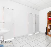 Bathroom with a sink, tiles, door, and shelves with cleaning products in commercial premises.