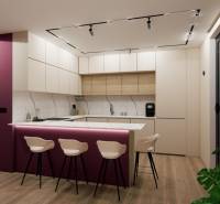 A kitchen in a 3-room apartment with an island, a marble countertop, and a floor with a wood decor.