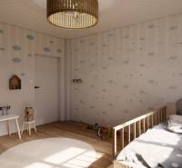 Children's room with cloud-patterned wallpaper and wood-decor flooring, 3-room apartment.