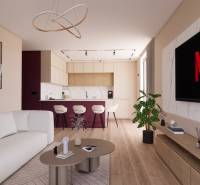 A stylish living room in a 3-room apartment with a wooden decor floor and a modern kitchen.