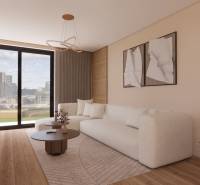 Bright living room with wood-patterned flooring and a comfortable sofa, 3-room apartment.