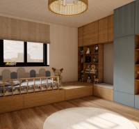 Children's room in a three-room apartment with a wooden decor floor and storage space.