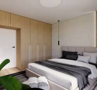 Bedroom in a 3-room apartment with a bed, built-in wardrobes, and a floor with a wooden decor.