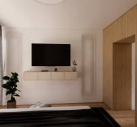 Bedroom in a 3-room apartment with a wood-patterned floor and a large television on the wall.