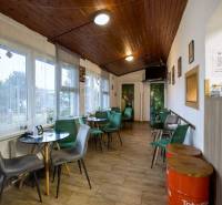 Gastro premises with chairs, tables, and flooring with a wooden decor.