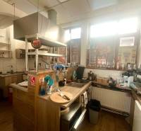 A kitchen in a gastro space with a wooden decor floor, equipped with modern appliances.