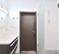 A bathroom with a shower and a glass screen in a 3-room apartment.