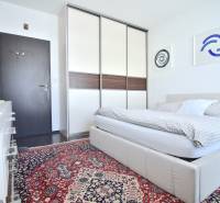 Bright bedroom with an upholstered bed, carpet, large built-in wardrobe, wall decorations.