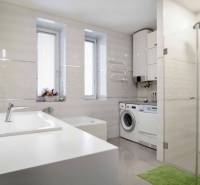 A bathroom in a 3-room apartment with a bathtub, shower, and washing machine.