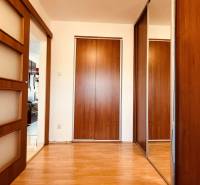 A hallway with a wardrobe and sliding doors, a floor with a wooden decor in a 3-room apartment.
